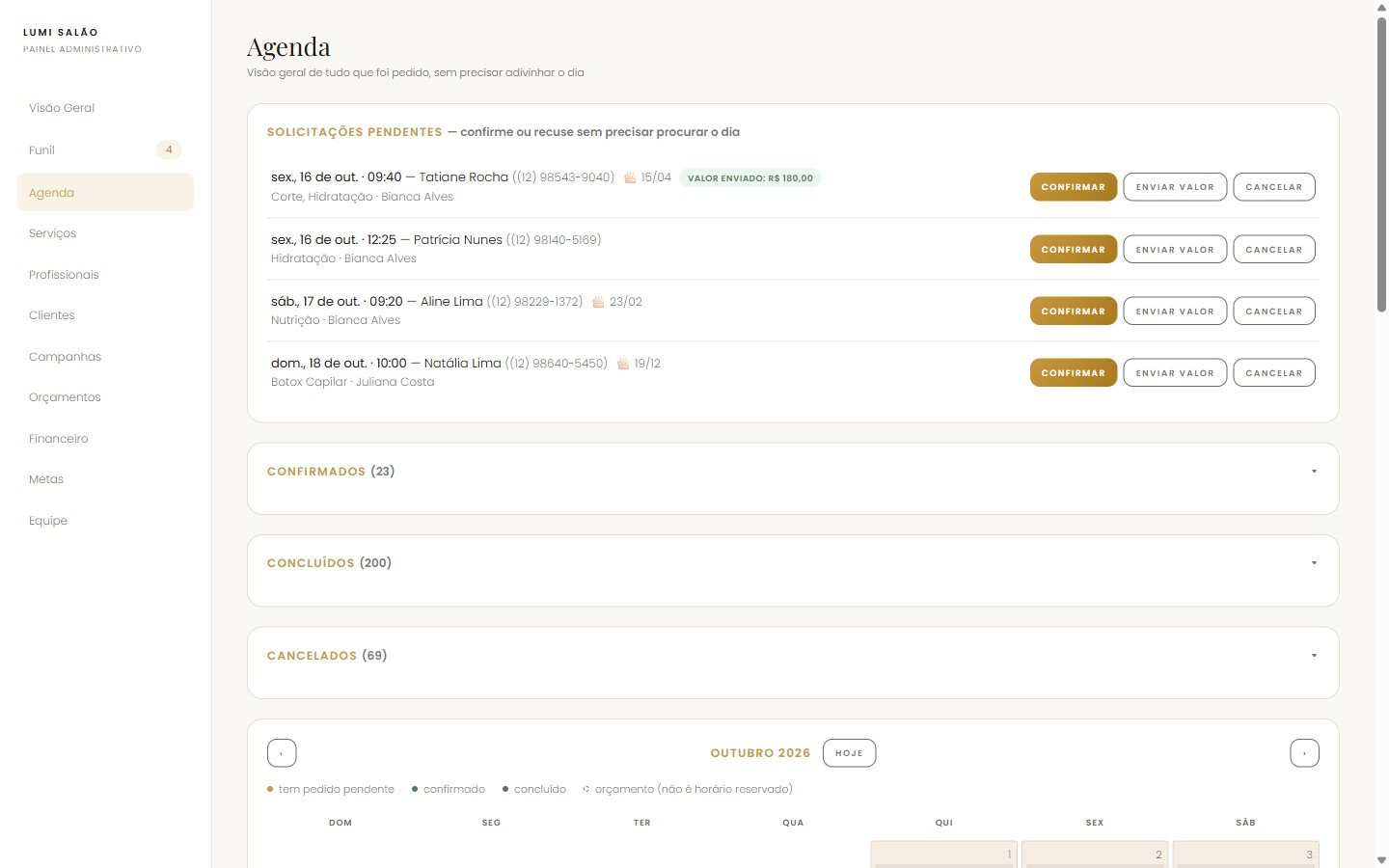 Agenda com solicitações pendentes